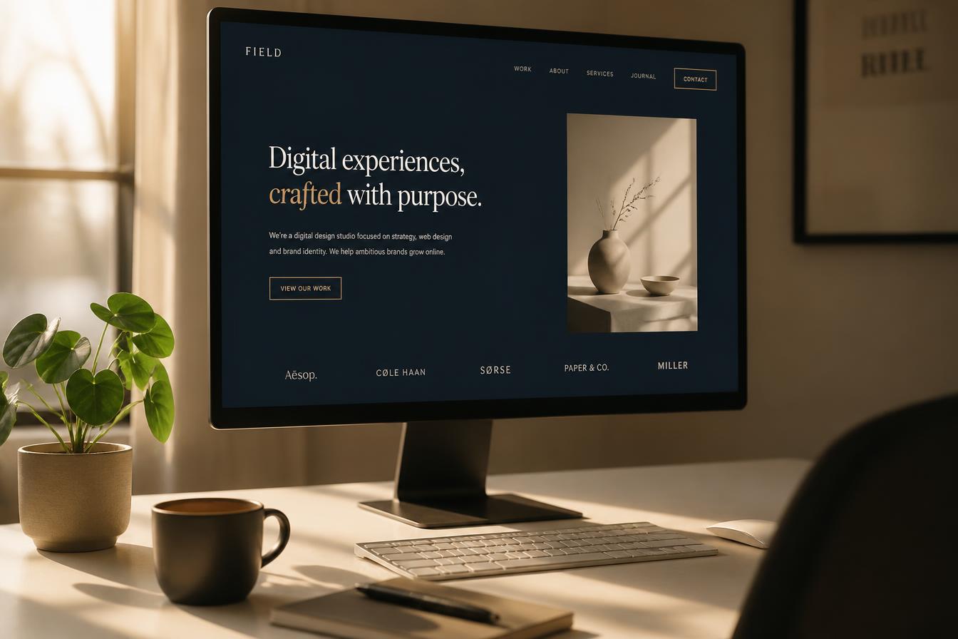 A clean, modern website design on a monitor in a warm creative workspace