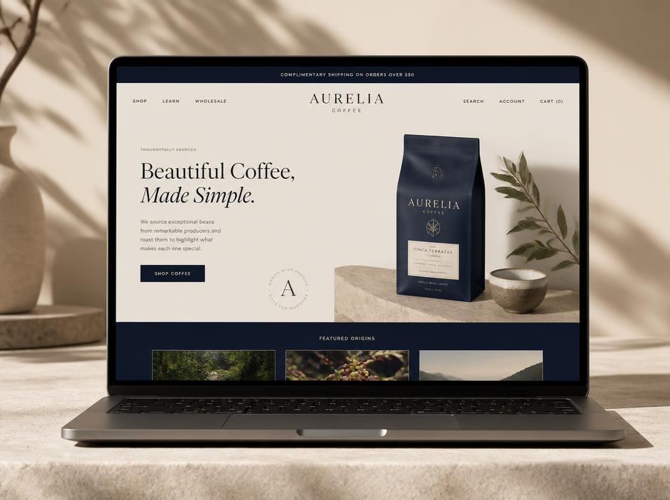 Aurelia Coffee website mockup with warm cream and navy branding